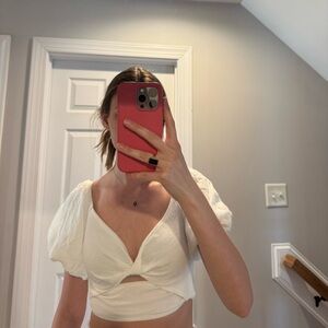 White Puff Sleeve V-Neck Top